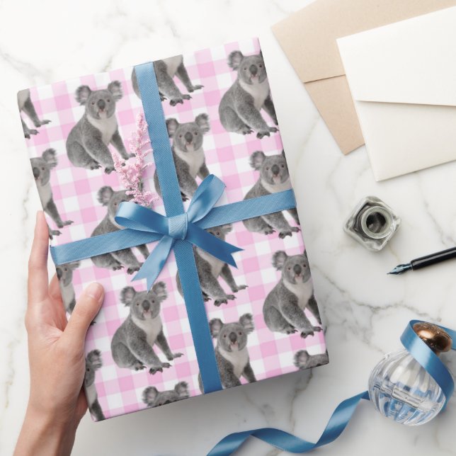 Papel De Regalo Koala lleva sobre Pink Gingham (Regalar)