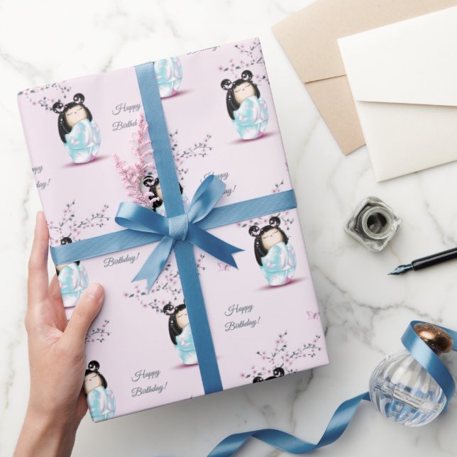 Papel De Regalo Kokeshi Doll Cherry Blossom | Cumpleaños del Chica (Regalar)