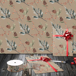 Papel De Regalo Kraft Juniper Pine Cones Rojos Ilex Berries
