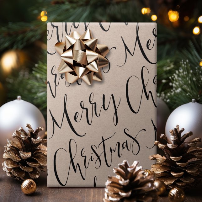 Papel De Regalo Kraft Merry Christmas Calligraphy (Kraft Merry Christmas Calligraphy Holiday Wrapping Paper)