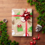 Papel De Regalo Kraft Merry Christmas Tree Santa Gifts Rudolph<br><div class="desc">Kraft Cute Colorful Kids Personalizado Pattern Paper de envolvimiento de diseño de patrones para niños, con un Papá Noel, un reno Rudolph con la nariz roja, presentaciones verdes de Navidad con el arbusto rojo, árbol de Navidad decorado con la estrella amarilla y el mensaje de Navidad a mano de Santa....</div>