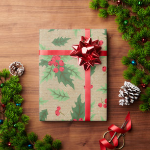 Papel De Regalo Kraft Navideño Rústico Vintage con Acebo y Bayas R