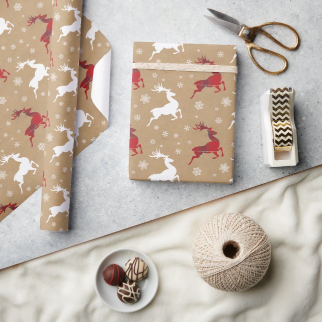Papel De Regalo Kraft Paper Reindeer Tartan Red/White ID589 (Artesanía)