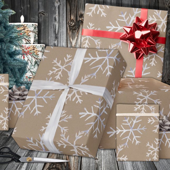 Papel De Regalo Kraft Rústico Icy Blue White Snflakes (Kraft Rustic Hand-Drawn Icy Blue White Snowflakes Wrapping in 6 and 15 foot long 30 Inch Width Rolls)