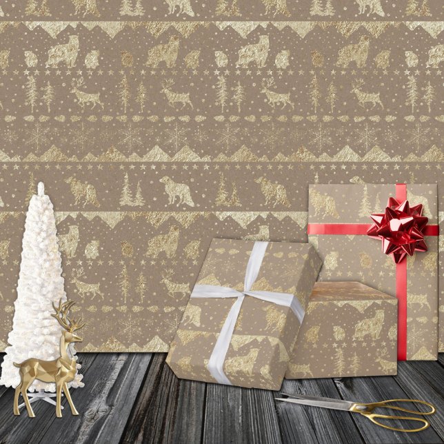Papel De Regalo Kraft Rústico Nórdico Sweater Gold Winter Animales (Rustic Kraft Nordic Sweater Gold Winter Animals Christmas Holiday Gift Wrapping Paper Sheets Trio)