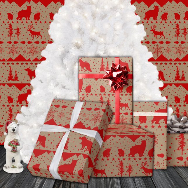 Papel De Regalo Kraft Rústico Nórdico Sweater Red Winter Animales (Rustic Kraft Nordic Sweater Red Winter Animals Christmas Holiday Gift Wrapping Paper Rolls)