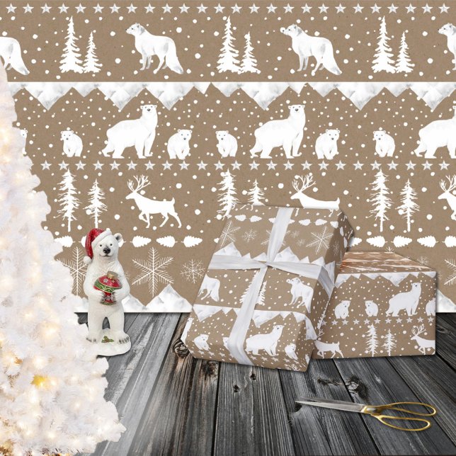 Papel De Regalo Kraft Rústico Nórdico Sweater White Winter Animale (Rustic Kraft Nordic Sweater White Winter Animals Christmas Holiday Gift Wrapping Paper Rolls)