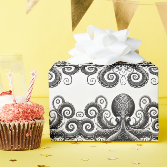 Papel De Regalo Kraken Steampunk Octopus Ornate Black (Fiesta de cumpleaños )