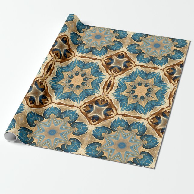 Papel De Regalo La estrella forma Art Deco, Azul y Marrón (Desenrollado)