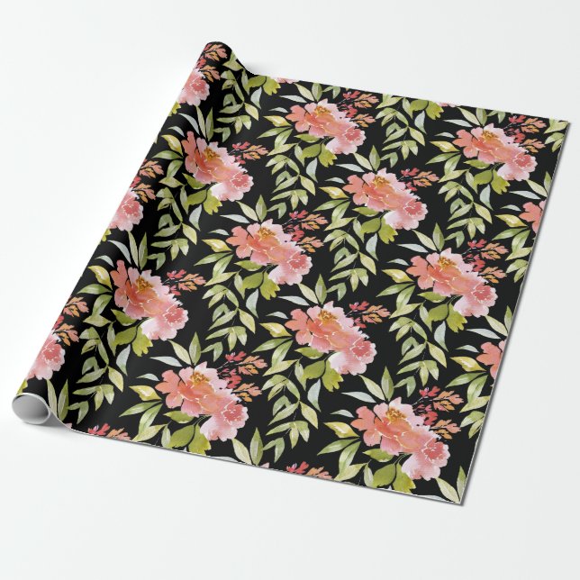 Papel De Regalo La exuberante vegetación floral roja en negro (Desenrollado)