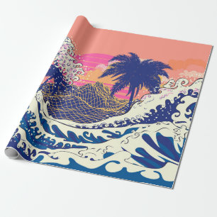 Papel De Regalo La gran ola de kanagawa y palmeras