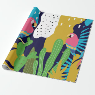 Papel De Regalo La jungla tropical deja fondo con loros. Su
