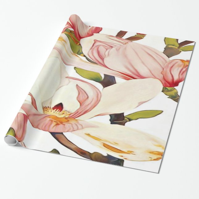 Papel De Regalo La magnolia rosada coralina botánica florece arte (Desenrollado)