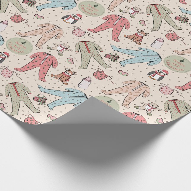 Papel De Regalo La primera Navidad personalizada de un bebé crema  (Esquina)