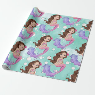 Papel De Regalo La sirena del pelo oscuro burbujas de pelo rosado 