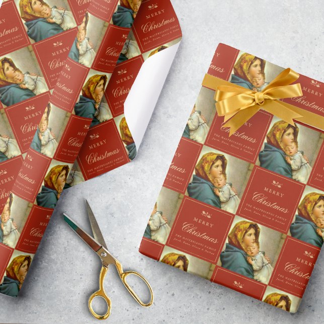 Papel De Regalo La Virgen Religiosa Tradicional María y Jesús Cató (Madonna & Child Christmas gift wrap in red and gold for Catholics and Christians)