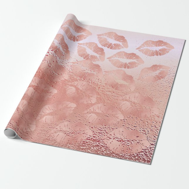 Papel De Regalo Labios de besos de vidrio maquillan Rubor Rosa Gol (Desenrollado)