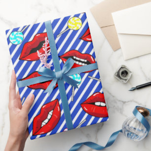 Papel De Regalo Labios rojos y franjas azules