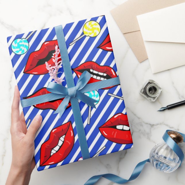 Papel De Regalo Labios rojos y franjas azules (Regalar)