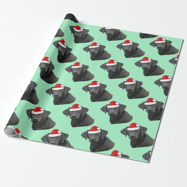 Papel De Regalo Labrador negro en un café de Santa Hat (Desenrollado)