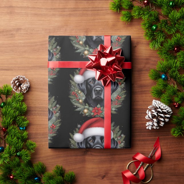Papel De Regalo Labrador negro festivo con sombrero Santa (Regalo de vacaciones)