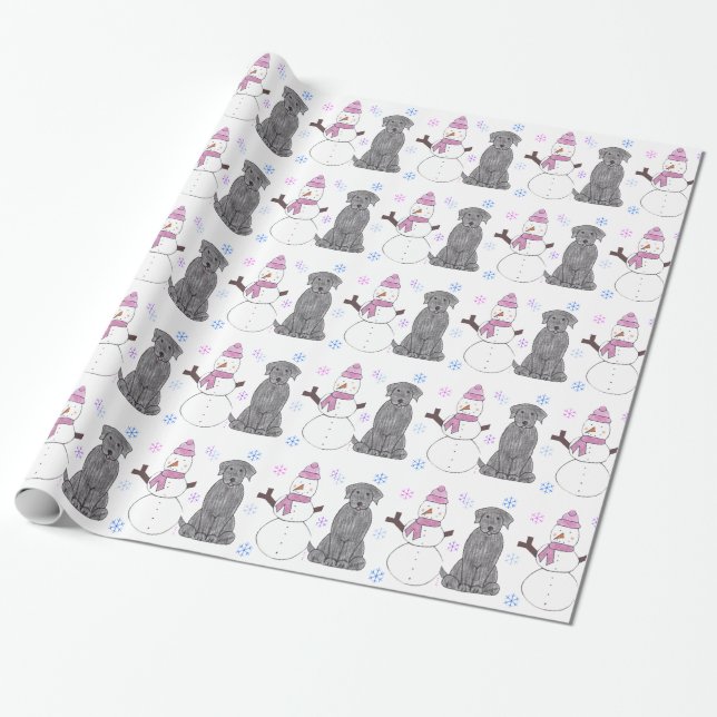 Papel De Regalo Labrador retriever y muñeco de nieve negros (Desenrollado)