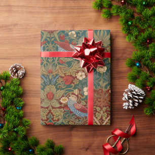 Papel De Regalo Ladrón de Fresas Morris Azul Verde Rojo Arte Flora