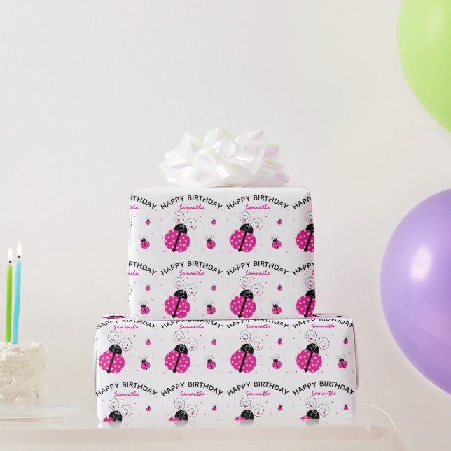 Papel De Regalo Lady Bug Pink Feliz cumpleaños (Regalos de fiesta)