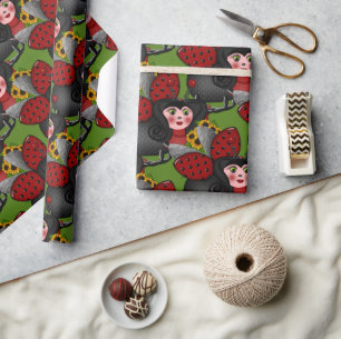 Papel De Regalo Ladybug y Sunflowers-Diagonal-Green-