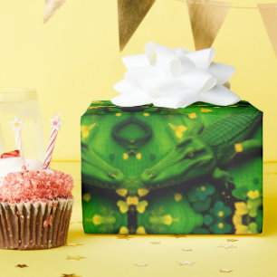 Papel De Regalo Lagarto Cocodrilo Dragón Artístico Verde Amarillo 
