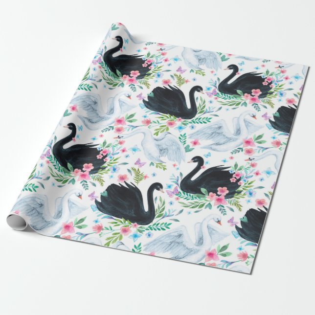Papel De Regalo Lago de cisne blanco y negro acuarela transparente (Desenrollado)