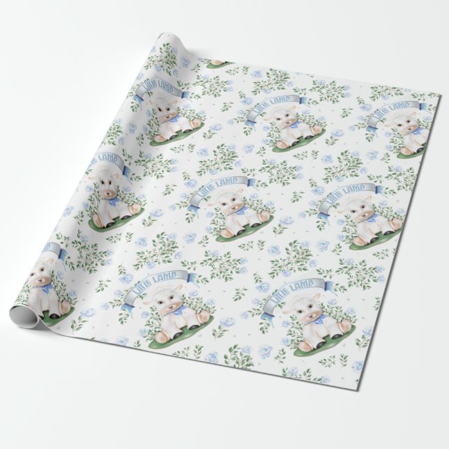 Papel De Regalo Lamb Blue Floral Baby Shower (Desenrollado)