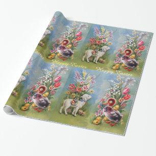 PAPEL DE REGALO LAMB, DUCK, CHICKENS Y HUEVOS ORIENTALES CON FLORE