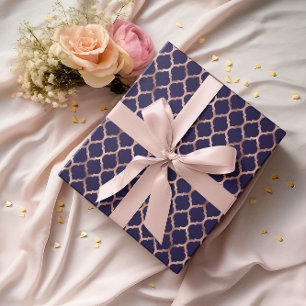 Papel De Regalo Lámina de falso oro rosa y quatrefoil azul marino