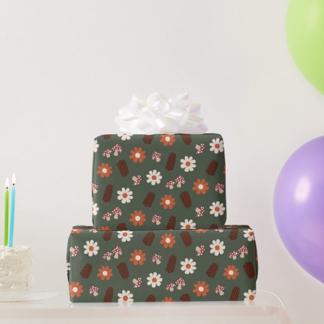 Papel De Regalo Lana acogedora y agradable con flores champiñones  (Regalos de fiesta)