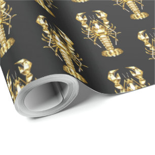 Papel De Regalo Langosta de bogavante poligonal dorada sobre negro