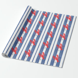Papel De Regalo Langosta Roja sobre Rayas de Mezclilla Azul y Blan