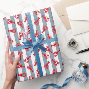 Papel De Regalo Langostas Rojas Ilustradas en Raya Gris Claro-Azul