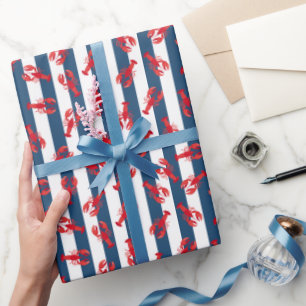 Papel De Regalo Langostas Rojas Ilustradas sobre Rayas Azules Oscu