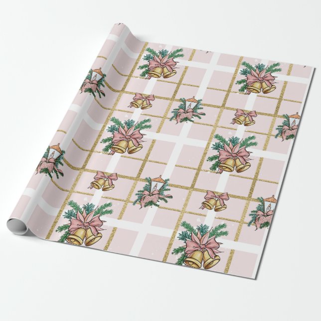 Papel De Regalo Las campanas de los Navidades rosados bonitos (Desenrollado)