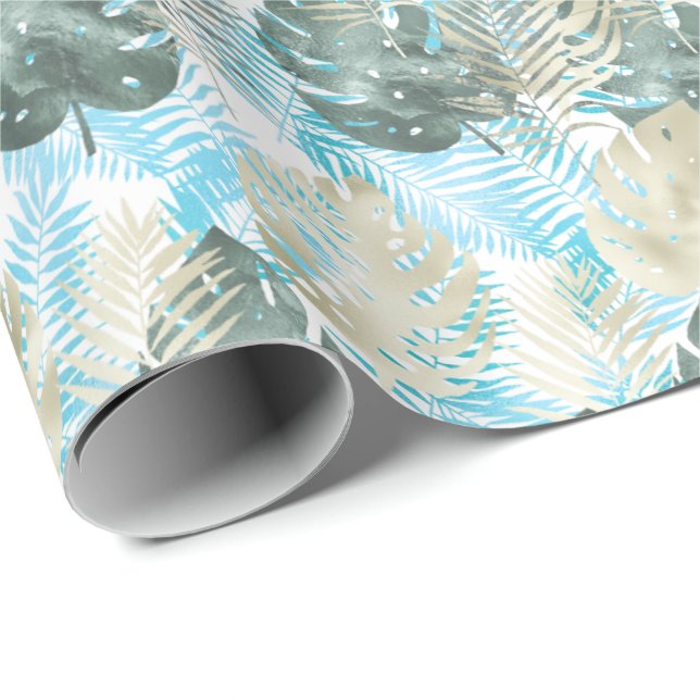 Papel De Regalo Las hojas tropicales Aqua Green Gold (Esquina del rollo)