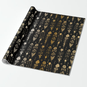 Papel De Regalo Las plumas de oro texturadas al estilo tribal. Sin