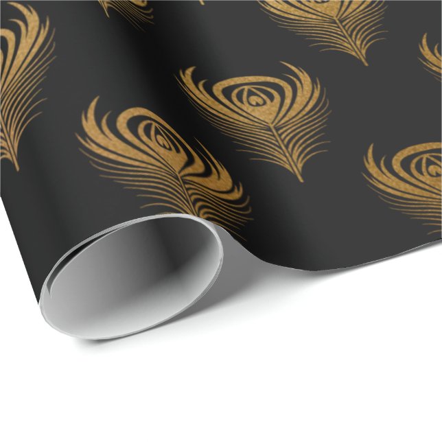 Papel De Regalo Las plumas del pavo real negro dorado son elegante (Esquina del rollo)