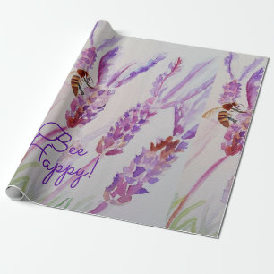 Papel De Regalo Lavanda Abeja Feliz Hierba Flor Acuarela