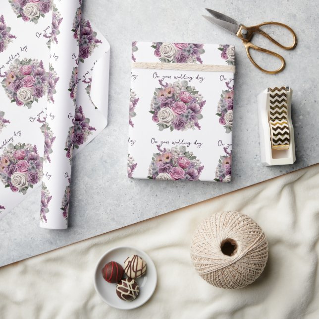 Papel De Regalo Lavanda morada Roses rosados Boda Bouquet (Artesanía)
