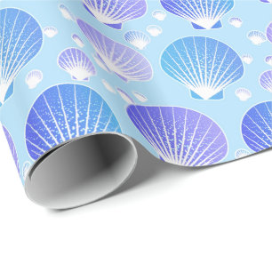 Papel De Regalo Lavanda y conchas marinas azules sobre azul pálido