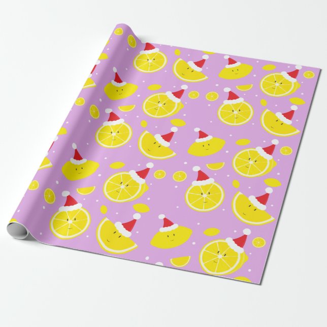 Papel De Regalo Lavender Happy Lemons Santa Hats Pattern (Desenrollado)