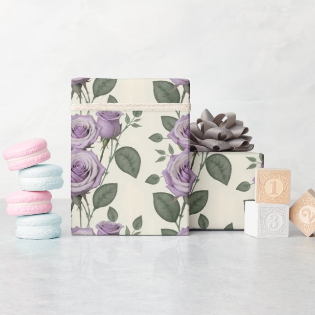 Papel De Regalo Lavender Roses With Silver And Green Leaves  (Baby Shower)