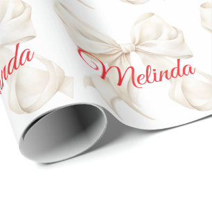 Papel De Regalo Lazo blanco elegante nombre rojo de Navidad 