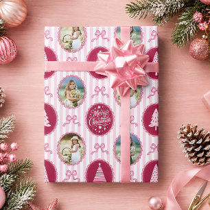 Papel De Regalo Lazo Coqueto Rosa Árbol de Navidad Rayado 4 Foto